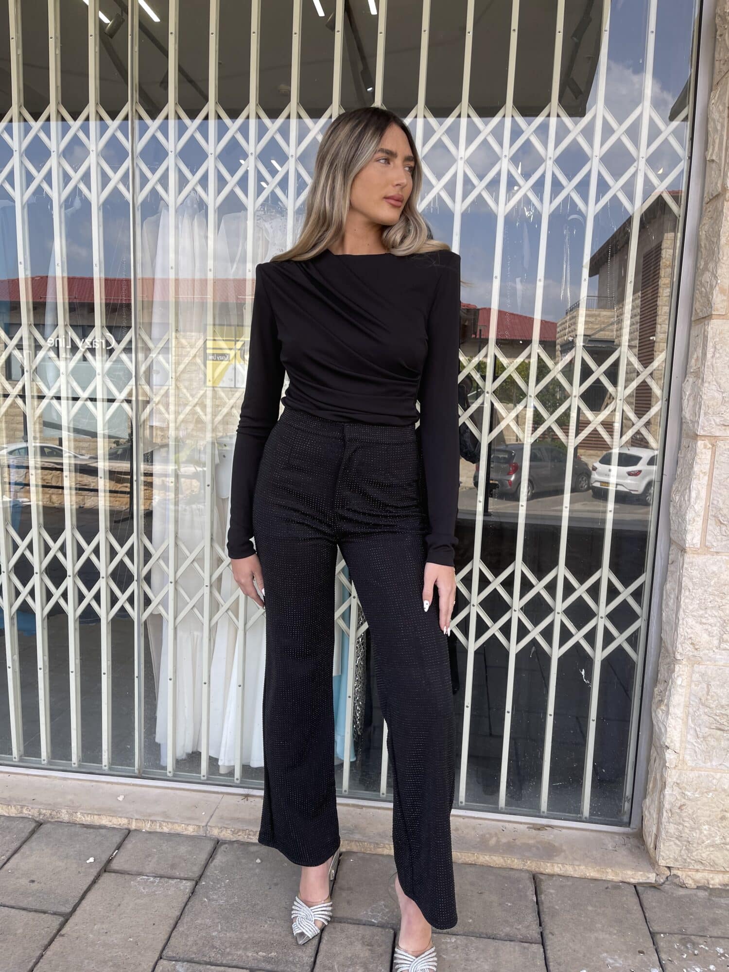 ⁦מכנס גליטר ארוך שחור אבנים שחורות⁩ – תמונה ⁦2⁩