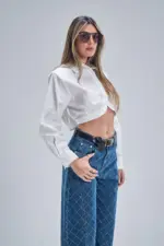 ⁦TIAGO חולצה מכופתרת קרופ אורי -לבן⁩ – תמונה ⁦2⁩