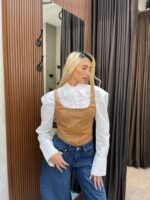 ⁦FAV טופ כתפיות עור - קאמל⁩ – תמונה ⁦3⁩